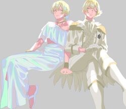 Rule 34 | 2boys, anchiki shou, blonde hair, boots, closed mouth, crossdressing, crossed legs, dress, dual persona, earrings, epaulettes, full body, gloves, grey background, highres, jacket, jewelry, king of prism, kisaragi louis, knee boots, looking at viewer, male focus, multiple boys, pants, pretty rhythm, pretty series, sandals, short hair, simple background, sitting, white dress, white footwear, white gloves, white jacket, white pants