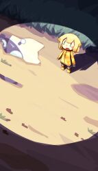 Rule 34 | 1girl, blonde hair, blue eyes, blush stickers, boots, buried, cevio, chibi, coat, colored tips, commentary request, dirt road, dutch angle, from above, hair flaps, highres, konohoshi, long sleeves, looking up, multicolored hair, one (cevio), orange hair, road, shadow, solo, spotlight, standing, ufo, wavy mouth, wide shot, yellow coat, yellow footwear, | |