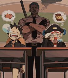 Rule 34 | 3boys, angry, annoyed, buggy the clown, chibi, cigar, crossed arms, desk, facial hair, food, gakuran, highres, male focus, mature male, meat, monkey d. luffy, multiple boys, one piece, school desk, school uniform, shaded face, short hair, sitting, smoker (one piece), smoking, stubble, teacher and student, thought bubble, tonta (tonta1231), treasure chest, white hair