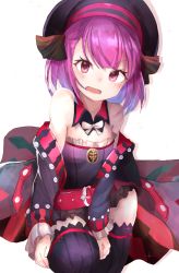 Rule 34 | 1girl, absurdres, bare shoulders, black thighhighs, blush, commentary request, detached sleeves, fate/grand order, fate (series), flat chest, hat, helena blavatsky (fate), helena blavatsky (third ascension) (fate), highres, looking at viewer, open mouth, purple eyes, purple hair, ranf, short hair, solo, thighhighs