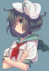 Rule 34 | 1girl, black hair, blue background, blue eyes, blush, crossed arms, hat, highres, looking at viewer, murasa minamitsu, one-hour drawing challenge, profile, puffy sleeves, sailor collar, sailor hat, short hair, short sleeves, smile, solo, touhou, upper body, usamata