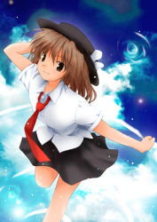 Rule 34 | 1girl, black skirt, bow, breasts, brown eyes, brown hair, cloud, day, female focus, ghostly field club, hand on headwear, hat, hat bow, looking at viewer, necktie, outdoors, shirt, short hair, short sleeves, skirt, sky, smile, solo, standing, standing on one leg, touhou, usami renko, white shirt