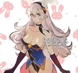 Rule 34 | 1girl, animal ears, bare shoulders, blush, breasts, cleavage, corrin (female) (fire emblem), corrin (fire emblem), detached collar, fake animal ears, fire emblem, fire emblem fates, fire emblem heroes, hair between eyes, hair ornament, hairband, highres, leotard, long hair, looking at viewer, medium breasts, nintendo, playboy bunny, pointy ears, pomme (lazzledazzle), rabbit ears, rabbit tail, red eyes, solo, strapless, strapless leotard, tail, white hair, wrist cuffs