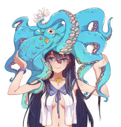 Rule 34 | 1girl, animal, animal on head, black hair, blue eyes, blue ribbon, bracelet, breasts, carrying overhead, catin, closed mouth, eyebrows, flower, hair between eyes, hands up, holding, holding flower, jewelry, large breasts, long hair, nail polish, necklace, no bra, octopus, on head, open clothes, open shirt, original, ribbon, school uniform, serafuku, shell, shell necklace, shirt, simple background, sleeveless, smile, solo, starfish, uneven eyes, upper body, white background, white flower
