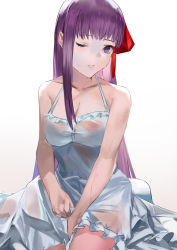 Rule 34 | 1girl, bare shoulders, bb (fate), bb (fate/extra), blazpu, blush, breasts, cleavage, collarbone, dress, fate/extra, fate/extra ccc, fate (series), hair ribbon, highres, large breasts, long hair, looking at viewer, one eye closed, parted lips, purple eyes, purple hair, red ribbon, ribbon, see-through, sitting, solo, thighs, very long hair, white dress