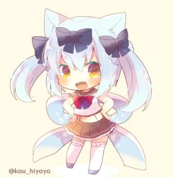 Rule 34 | 1girl, :d, animal ear fluff, animal ears, azur lane, bare arms, bare shoulders, beige background, black bow, black sailor collar, blue hair, blush, bow, brown eyes, brown skirt, cat ears, chibi, commentary request, crop top, fang, full body, grey footwear, hair between eyes, hair bow, hands on own hips, kou hiyoyo, long hair, looking at viewer, midriff, navel, open mouth, pleated skirt, ribbon-trimmed legwear, ribbon trim, sailor collar, shirt, skirt, sleeveless, sleeveless shirt, smile, solo, standing, thighhighs, twintails, twitter username, white shirt, white thighhighs, yukikaze (azur lane)