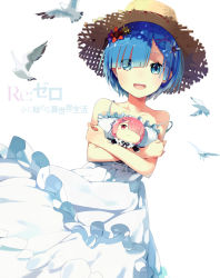 Rule 34 | 10s, :d, alternate costume, animal, bare shoulders, bird, blue eyes, blue hair, breasts, character doll, collarbone, copyright name, cowboy shot, derivative work, detached sleeves, doll, dress, eyes visible through hair, flower, frilled dress, frills, hair flower, hair ornament, hair over one eye, hairclip, hat, hat ribbon, highres, holding, holding doll, maid, maid headdress, open mouth, pink hair, purple ribbon, ram (re:zero), re:zero kara hajimeru isekai seikatsu, red ribbon, rem (re:zero), ribbon, round teeth, short hair, siblings, simple background, sisters, sleeveless, sleeveless dress, small breasts, smile, spaghetti strap, strap slip, straw hat, stuffed toy, sun hat, sundress, teeth, twins, white background, white dress, x hair ornament, xiaoyi