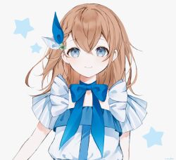 Rule 34 | 1girl, arms at sides, blouse, blue bow, blue choker, blue ribbon, blue theme, bow, braid, brown hair, choker, closed mouth, clover, clover hair ornament, diagonal-striped bow, dot nose, flat chest, grey background, grey eyes, hair between eyes, hair bow, hair ornament, hanasato minori, highres, layered sleeves, limited palette, looking at viewer, medium hair, muted color, nirako mona, project sekai, ribbon, ribbon choker, shirt, short sleeves, simple background, smile, solo, star (symbol), starry background, striped bow, striped sleeves, two-tone bow, upper body, vertical-striped sleeves, white shirt, wide sleeves