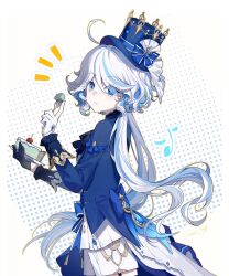 Rule 34 | 1girl, :t, absurdres, ahoge, blue bow, blue eyes, blue hair, blue hat, blue jacket, bow, cake, cherry, commentary request, cowboy shot, food, fork, fruit, furina (genshin impact), genshin impact, hand up, hat, highres, holding, holding fork, jacket, long hair, long sleeves, looking at viewer, multicolored hair, saya atang, short shorts, shorts, solo, standing, streaked hair, top hat, very long hair, white background, white hair, white shorts