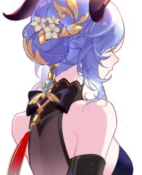 Rule 34 | 1girl, bare shoulders, black bow, blue dress, blue hair, bow, braid, breasts, commentary request, dress, from behind, ganyu (genshin impact), ganyu (twilight blossom) (genshin impact), genshin impact, hair bun, highres, horns, jesse (pixiv34586727), medium breasts, short hair, sleeveless, sleeveless dress, solo, upper body