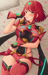 Rule 34 | 1girl, armor, bed, bed sheet, blush, breasts, covered navel, earrings, fingerless gloves, gem, gloves, hair ornament, headpiece, highres, jewelry, large breasts, lying, nemunemu semi, nintendo, pantyhose, petals, pyra (xenoblade), red eyes, red hair, red shorts, short hair, short shorts, shorts, shoulder armor, skindentation, solo, swept bangs, teeth, thighhighs, tiara, xenoblade chronicles (series), xenoblade chronicles 2