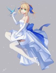 Rule 34 | 1girl, ahoge, ain (3990473), artoria pendragon (all), artoria pendragon (fate), back bow, bird, blonde hair, blue bow, bow, choker, dress, elbow gloves, fate/stay night, fate (series), floating hair, from side, full body, garter straps, gloves, green eyes, hair bow, high heels, highres, long hair, official alternate costume, ponytail, pumps, saber (fate), sidelocks, signature, sleeveless, sleeveless dress, solo, strapless, strapless dress, thighhighs, wedding dress, white dress, white footwear, white gloves, white thighhighs