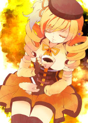 Rule 34 | 10s, 1girl, beret, blonde hair, breasts, closed eyes, corset, cup, detached sleeves, drill hair, fingerless gloves, gloves, hair ornament, hat, large breasts, leeori, magical girl, mahou shoujo madoka magica, mahou shoujo madoka magica (anime), orange skirt, pleated skirt, shirt, skirt, solo, striped clothes, striped thighhighs, taut clothes, taut shirt, tea, teacup, thighhighs, tomoe mami, vertical-striped clothes, vertical-striped thighhighs, yellow background, yellow theme