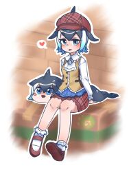 Rule 34 | 1girl, absurdres, black hair, blonde hair, blue eyes, blue hair, blue shirt, brown vest, cabbie hat, cetacean tail, chai chai huishi, character doll, collar, collared shirt, common dolphin (kemono friends), dolphin girl, dorsal fin, fins, fish tail, frilled collar, frilled shorts, frilled sleeves, frilled socks, frills, hair between eyes, hat, head fins, heart, highres, kemono friends, kemono friends 3, long sleeves, looking at viewer, mary janes, neckerchief, official alternate costume, plaid, plaid headwear, plaid shorts, red footwear, red hat, red shorts, shirt, shoes, short hair, shorts, sidelocks, sitting, socks, solo, spoken heart, tail, two-tone vest, vest, white hair, white neckerchief, white shirt, white socks