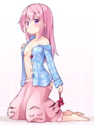 Rule 34 | 1girl, bare shoulders, barefoot, blue jacket, blush, bow, bowtie, unworn bowtie, breasts, cleavage, closed mouth, clothes pull, collarbone, face cutout, full body, hand on own chest, hata no kokoro, holding, jacket, long hair, long sleeves, looking at viewer, no bra, off shoulder, ominaeshi (takenoko), open clothes, open jacket, pink eyes, pink hair, pink skirt, plaid, plaid jacket, red bow, skirt, skirt pull, solo, sweatdrop, touhou, unbuttoned