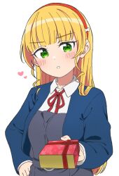 Rule 34 | 1girl, blonde hair, blue jacket, blunt bangs, blush, collared shirt, commentary, commentary request, dress, green eyes, grey dress, hairband, hand on own hip, heanna sumire, heart, highres, incoming gift, jacket, jenny (artist), long hair, long sleeves, looking at viewer, love live!, love live! superstar!!, neck ribbon, open clothes, open jacket, parted lips, pinafore dress, red hairband, red ribbon, ribbon, school uniform, shirt, sleeveless, sleeveless dress, solo, upper body, valentine, white background, white shirt, winter uniform, yuigaoka school uniform