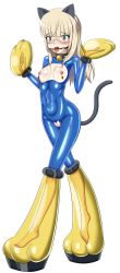 Rule 34 | 1girl, animal ears, bdsm, bell, blonde hair, blue bodysuit, blush, bodysuit, bondage, bound, breasts, breasts out, cat ears, cat girl, cat tail, cleft of venus, collar, covered navel, crotchless, cyber (cyber knight), feet, full body, gag, gagged, gloves, highres, jingle bell, long hair, medium breasts, neck bell, nipple piercing, nipples, perrine h. clostermann, piercing, pussy, ring gag, solo, standing, strike witches, tail, tongue, tongue out, tongue piercing, uncensored, world witches series, yellow eyes