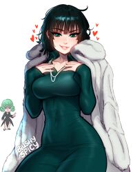 Rule 34 | 2girls, black dress, black hair, blushyspicy, breasts, collarbone, commentary, dress, english commentary, fubuki (one-punch man), green eyes, green hair, grin, hands up, heart, highres, large breasts, lips, long sleeves, looking at viewer, multiple girls, one-punch man, short hair, siblings, sisters, smile, solo focus, tatsumaki, teeth
