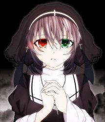 Rule 34 | 1girl, artist request, brown hair, cross, green eyes, grin, heterochromia, highres, jewelry, necklace, nun, own hands clasped, own hands together, red eyes, rosary, smile, teeth, veil