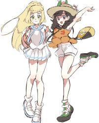 Rule 34 | 2girls, arms up, backpack, bag, bare legs, blonde hair, blunt bangs, braid, closed mouth, commentary request, creatures (company), eyelashes, female focus, french braid, full body, game freak, green eyes, green footwear, hat, high ponytail, highres, holding strap, knees, leg up, lillie (pokemon), long hair, miniskirt, multiple girls, myuuu ay, nintendo, pleated skirt, pokemon, pokemon usum, selene (pokemon), shirt, shoes, short sleeves, shorts, shoulder bag, simple background, skirt, sleeveless, sleeveless shirt, smile, socks, sun hat, twin braids, white footwear, white shirt, white shorts, white skirt