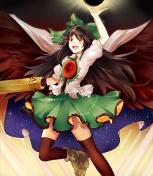 Rule 34 | 1girl, :d, arm cannon, bad id, bad pixiv id, black hair, boots, bow, cape, frills, green bow, green skirt, hair bow, hand up, long hair, open mouth, puffy short sleeves, puffy sleeves, red eyes, reiuji utsuho, revision, shirt, short sleeves, sketch, skirt, smile, solo, starry sky print, teeth, thighhighs, touhou, very long hair, weapon, white shirt, yuli (yulipo)
