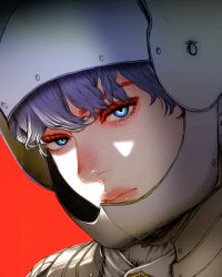 Rule 34 | 1boy, androgynous, armor, berserk, blue eyes, close-up, closed mouth, helmet, lips, looking at viewer, male focus, nisino2222, solo, white hair