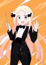 Rule 34 | 1girl, :d, abigail williams (fate), bad id, bad pixiv id, conductor baton, black bow, black bowtie, black jacket, black pants, blonde hair, blue eyes, blush, bow, bowtie, collared shirt, commentary request, cowboy shot, fate/grand order, fate (series), forehead, formal, hair bow, hands up, highres, holding, jacket, kujou karasuma, long hair, long sleeves, looking at viewer, open clothes, open jacket, open mouth, orange background, pant suit, pants, parted bangs, shirt, signature, smile, solo, sparkle, suit, very long hair, white bow, white shirt