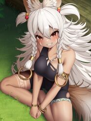 1girl animal_ear_fluff animal_ears armlet bangle bare_legs bare_shoulders bracelet braid breasts brown_eyes commentary dark-skinned_female dark_skin day deku_suke facial_mark gaora_(deku_suke) grass grin hair_between_eyes hair_bobbles hair_ornament hair_tubes highres indian_style jewelry leg_tattoo long_hair medium_breasts metal_hair_tubes necklace on_grass original outdoors single_strap sitting smile solo tail tattoo tooth_necklace twin_braids two_side_up very_long_hair white_hair