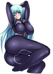 Rule 34 | 1girl, arms up, ass, blue hair, blush, bodysuit, breasts, frown, impossible clothes, large breasts, legs, long hair, lying, nanakorobi yaoki, on side, original, shiny clothes, skin tight, solo, thighs, yellow eyes