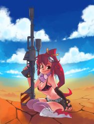 Rule 34 | 00s, 1girl, absurdres, asymmetrical gloves, bikini, bikini top only, black gloves, boots, breasts, cleavage, cloud, cloudy sky, day, desert, elbow gloves, fingerless gloves, flame print, gloves, gun, hair ornament, highres, knee boots, long hair, medium breasts, midriff, navel, pink thighhighs, ponytail, red hair, rifle, rtil, scarf, scope, short shorts, shorts, single elbow glove, skull hair ornament, sky, smile, sniper rifle, solo, swimsuit, tengen toppa gurren lagann, thighhighs, underboob, uneven gloves, weapon, yellow eyes, yoko littner