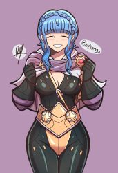 Rule 34 | 1girl, belt, black bodysuit, black gloves, blunt bangs, blush, bodysuit, braid, breasts, buttons, capelet, cleavage, clenched hands, closed eyes, commentary, cosplay, cowboy shot, earrings, elbow gloves, english commentary, fire emblem, fire emblem: three houses, fire emblem heroes, gloves, happy, highres, intelligent systems, jewelry, marianne von edmund, medium breasts, nintendo, pink capelet, purple background, raydango, reginn (fire emblem), reginn (fire emblem) (cosplay), shadow, sidelocks, signature, simple background, smile, solo, teeth, thigh gap