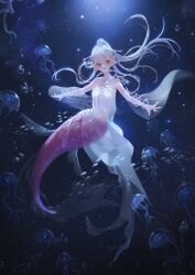 Rule 34 | 1girl, ashuijing, bangle, bare shoulders, blonde hair, bracelet, breasts, bubble, closed mouth, detached sleeves, dress, eyelashes, fins, fish, floating hair, full body, hair ornament, hairpin, head fins, high ponytail, highres, jellyfish, jewelry, light smile, lipstick, long dress, long hair, long sleeves, looking to the side, makeup, medium breasts, mermaid, monster girl, necklace, original, pink eyes, red lips, see-through, see-through sleeves, sleeves past fingers, sleeves past wrists, small breasts, solo, strapless, strapless dress, too many, too many fish, underwater, white dress, white sleeves, wide sleeves