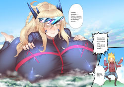 Rule 34 | &gt; &lt;, 2girls, absurdres, alternate costume, artoria pendragon (fate), artoria pendragon (lancer alter) (fate), breast rest, breasts, comic, covered erect nipples, english text, fate/grand order, fate (series), food, giant, giantess, gigantic breasts, highres, mature female, mordred (fate), mother and daughter, multiple girls, smug, tempuru