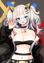 Rule 34 | 1girl, bandeau, bespectacled, blue eyes, breasts, claw pose, cleavage, fingernails, glasses, hair ornament, hairclip, head tilt, highres, kaguya luna, long fingernails, looking at viewer, multicolored nails, nail polish, narue, navel, open mouth, ribbon, round eyewear, silver hair, solo, the moon studio, twintails, virtual youtuber, wrist ribbon