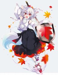 Rule 34 | 1girl, animal ears, black skirt, full body, geta, grey background, hat, holding, holding shield, holding sword, holding weapon, inubashiri momiji, korean commentary, kumono ie, leaf, leaf print, maple leaf, maple leaf print, open mouth, pom pom (clothes), red footwear, red hat, shield, shirt, short hair, simple background, skirt, solo, sword, tail, tengu-geta, tokin hat, touhou, weapon, white hair, white shirt, wolf ears, wolf girl, wolf tail