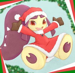Rule 34 | :d, brown eyes, brown gloves, buttons, clothed pokemon, commentary, creatures (company), full body, game freak, gen 3 pokemon, gloves, hat, highres, mawaifu, mawile, nintendo, no humans, open mouth, outstretched arms, pokemon, pokemon (creature), red hat, santa hat, smile, solo, tongue