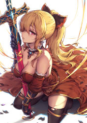 Rule 34 | 10s, 1girl, bare shoulders, between breasts, black bow, black gloves, black thighhighs, blonde hair, blush, bow, breasts, detached sleeves, dress, from side, glint, gloves, gou (ga673899), granblue fantasy, hair bow, haoni, jewelry, kneeling, large breasts, long hair, looking at viewer, looking to the side, necklace, profile, red dress, red eyes, sideways glance, solo, sword, thighhighs, torn clothes, torn thighhighs, vira (granblue fantasy), weapon