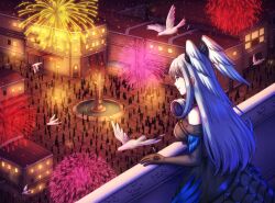 Rule 34 | 1girl, adricarra, artist name, balcony, bare shoulders, bird, black dress, black gloves, blue eyes, breasts, city lights, closed mouth, curly hair, dress, elbow gloves, fireworks, from side, gloves, head wings, long hair, looking afar, medium breasts, melia antiqua, outdoors, people, smile, upper body, white bird, wings, xenoblade chronicles (series), xenoblade chronicles 3