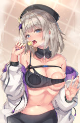 Rule 34 | 1girl, aa-12 (girls&#039; frontline), against glass, ahoge, bags under eyes, black hat, blue eyes, breasts, buckle, candy, cenangam, choker, food, girls&#039; frontline, gloves, hair ornament, hat, holding, lollipop, long hair, looking at viewer, medium breasts, open mouth, saliva, saliva trail, shorts, sidelocks, silver hair, snap-fit buckle, solo, star (symbol), star hair ornament