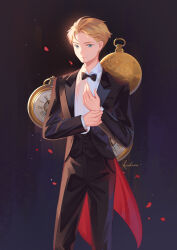 Rule 34 | 1boy, artist name, black bow, black bowtie, blonde hair, blue eyes, bow, bowtie, commentary, dark background, highres, koichame, long sleeves, looking at viewer, male focus, petals, pocket watch, short hair, smile, solo, spy x family, tailcoat, tuxedo, twilight (spy x family), watch