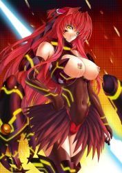 Rule 34 | 00s, 1girl, beat angel escalayer, breasts, breasts out, clitoris piercing, elbow gloves, escalayer, female focus, gloves, highres, inoino, kouenji sayuka, long hair, looking at viewer, navel, nipple piercing, nipples, piercing, pussy piercing, red hair, smile, solo, thighhighs, yellow eyes