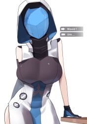Rule 34 | !, 1girl, arm behind back, bare shoulders, breasts, english text, faceless, faceless female, feeq, gloves, honkai: star rail, honkai (series), hood, large breasts, mask, mask on head, messenger (honkai: star rail), simple background, speech bubble, table, white background
