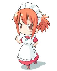 1girl apron artist_request breasts brown_eyes check_artist closed_mouth dress full_body furrowed_brow futaba_channel hand_on_own_hip hand_up hinemosu_notari index_finger_raised kudoi large_breasts maid maid_apron maid_headdress nijiura_maids no_nose orange_hair ponytail red_dress red_footwear shadow short_hair short_ponytail short_sleeves simple_background smile solo third-party_source white_apron white_background