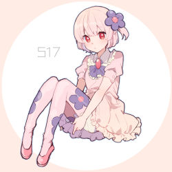 Rule 34 | 1girl, ascot, bad id, bad pixiv id, bloomers, blue outline, blush, brooch, child, closed mouth, creatures (company), dress, female focus, flat chest, floral print, flower, full body, game freak, gem, gen 5 pokemon, hair flower, hair ornament, ikeuchi tanuma, jewelry, knees up, looking at viewer, munna, nintendo, outline, pantyhose, personification, pink dress, pink hair, pink pantyhose, pokedex number, pokemon, puffy short sleeves, puffy sleeves, purple ascot, purple flower, red eyes, red footwear, shoes, short hair, short sleeves, simple background, sitting, solo, two-tone background, underwear, white bloomers