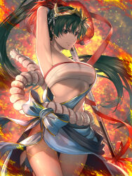 Rule 34 | 1girl, alternate costume, armpits, bandages, bandeau, bare shoulders, bow, breasts, chest sarashi, closed mouth, commentary request, cowboy shot, delsaber, earrings, fire, fire emblem, fire emblem: the blazing blade, fire emblem heroes, gold trim, grey hair, hair ornament, high ponytail, highres, holding, holding weapon, japanese clothes, jewelry, leg up, lips, long hair, lyn (fire emblem), lyn (flame) (fire emblem), mask, mask on head, medium breasts, midriff, navel, nintendo, official alternate costume, polearm, rope, sarashi, shimenawa, shiny skin, simple background, standing, stomach, strapless, thighs, tube top, weapon