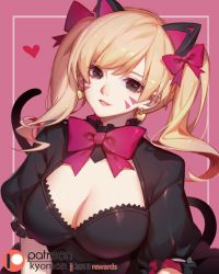 Rule 34 | 1girl, 2018, animal ears, artist name, black cat d.va, black dress, blonde hair, bow, bowtie, breasts, brown eyes, cat ears, cleavage, cleavage cutout, clothing cutout, d.va (overwatch), dated, dress, earrings, facial mark, fake animal ears, hair bow, head tilt, heart, heart earrings, jewelry, large breasts, long hair, looking at viewer, official alternate costume, overwatch, overwatch 1, parted lips, patreon logo, pink background, pink bow, pink bowtie, puffy short sleeves, puffy sleeves, short sleeves, solo, songjikyo, swept bangs, twintails, upper body, whisker markings