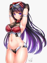 Rule 34 | 1girl, armpits, arms behind head, black gloves, blunt bangs, blush, breasts, doyouwantto, elbow gloves, frame arms girl, gloves, hairband, headgear, long hair, looking at viewer, magatsuki, navel, purple eyes, purple hair, revealing clothes, sideboob, solo