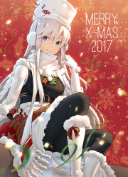 Rule 34 | 1girl, 2017, azur lane, belt, blue eyes, breasts, character name, christmas, coat, earmuffs, enterprise (azur lane), enterprise (reindeer master) (azur lane), floating hair, gloves, hat, highres, long hair, looking at viewer, merry christmas, pantyhose, pinakes, playing with own hair, pom pom (clothes), scarf, silver hair, sitting, smile, solo, stuffed deer, underbust, very long hair, white footwear, white gloves, white hat, white scarf, winter clothes, winter coat