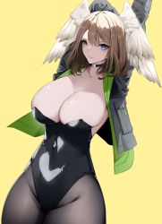 Rule 34 | 1girl, 9h, absurdres, arms up, ass, black choker, black pantyhose, blue eyes, breasts, brown hair, chinese clothes, choker, cleavage, collarbone, constricted pupils, cowboy shot, eunie (xenoblade), feathered wings, forehead, head wings, highleg, highleg leotard, highres, huge breasts, jacket, leotard, looking at viewer, medium hair, open clothes, open jacket, pantyhose, parted lips, playboy bunny, shadow, shiny skin, simple background, solo, strapless, strapless leotard, thighs, wings, xenoblade chronicles (series), xenoblade chronicles 1, yellow background