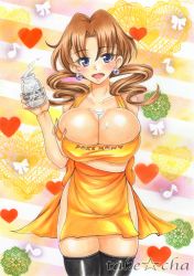 Rule 34 | 1girl, apron, artist name, black thighhighs, blush, bottle, breast hold, breasts, brown hair, bust cup, caroline (pokemon), cleavage, copyright name, cowboy shot, creatures (company), earrings, facing viewer, game freak, heart, holding, holding bottle, jewelry, large breasts, legs together, long hair, looking at viewer, marker (medium), mature female, milk bottle, musical note, musical notes, naked apron, nintendo, open mouth, pokemon, pokemon (anime), print apron, quaver, smile, solo, standing, takecha, thighhighs, traditional media, translation request, twintails, yellow apron